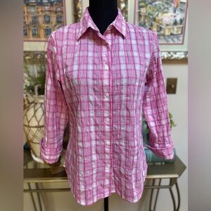 FOXCRAFT FITTED SHIRT PINK & WHITE PLAID CLASSIC BUTTON DOWN LONG SLEEVE SIZE 8